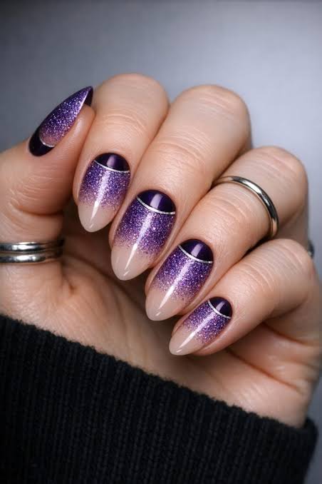 Medium Almond Nude to Purple Glitter Ombre Medium Almond Nude to Purple Glitter Ombre — Winter Purple Nails
