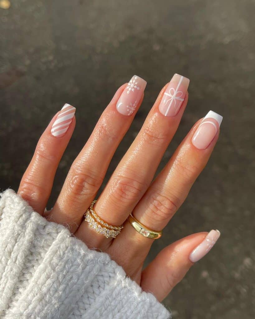 One Hand Medium Square Pink White Art French One Hand Medium Square Pink White Art French — Simple Winter Nails