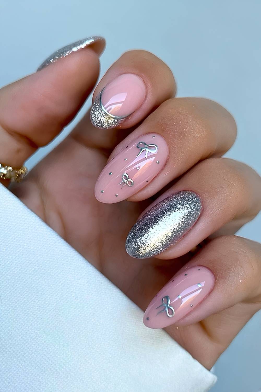 Pale Pink Glitter French Tips with Bows Pale Pink Glitter French Tips with Bows — Winter Glitter Nails