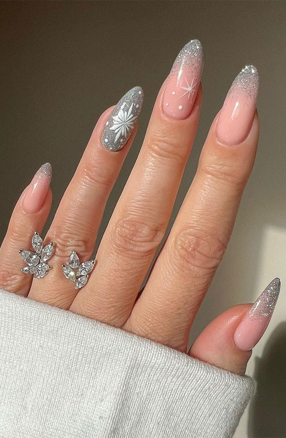Pink White Silver Glitter Snowflake Almonds Pink White Silver Glitter Snowflake Almonds — Winter Ombre Nails