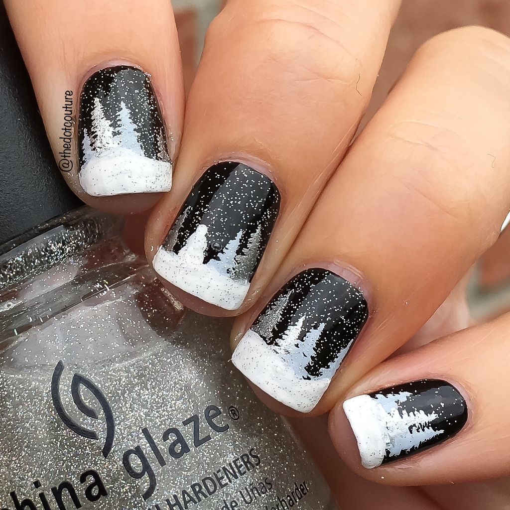 Black Glitter Forest Scene Nails Black Glitter Forest Scene Nails — Winter Black Nails
