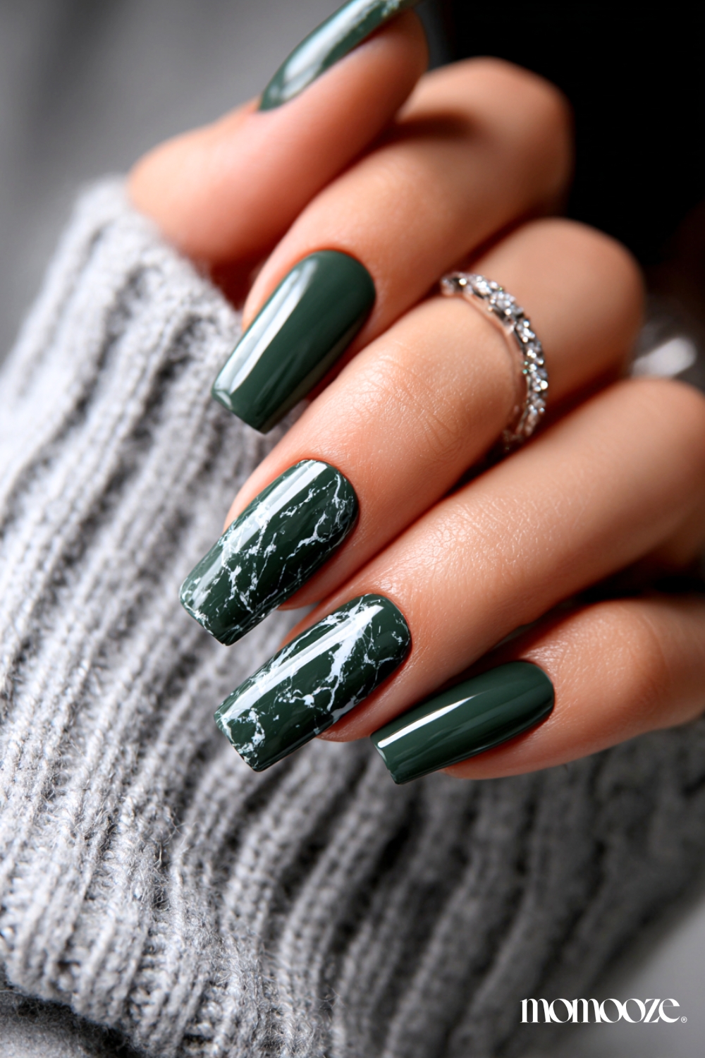 Forest Green with Marble Accents — Winter Marble Nails