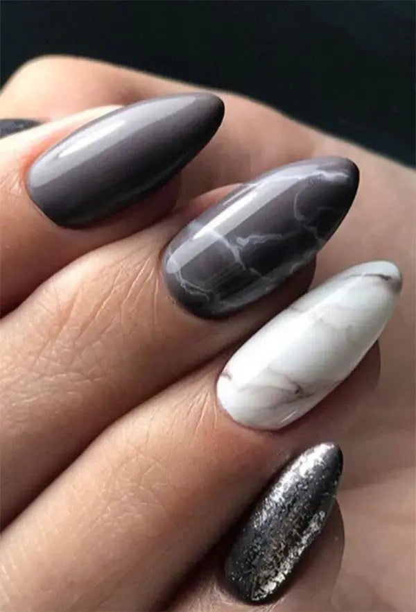 Grey Marble with Silver Metallic Accent — Winter Marble Nails