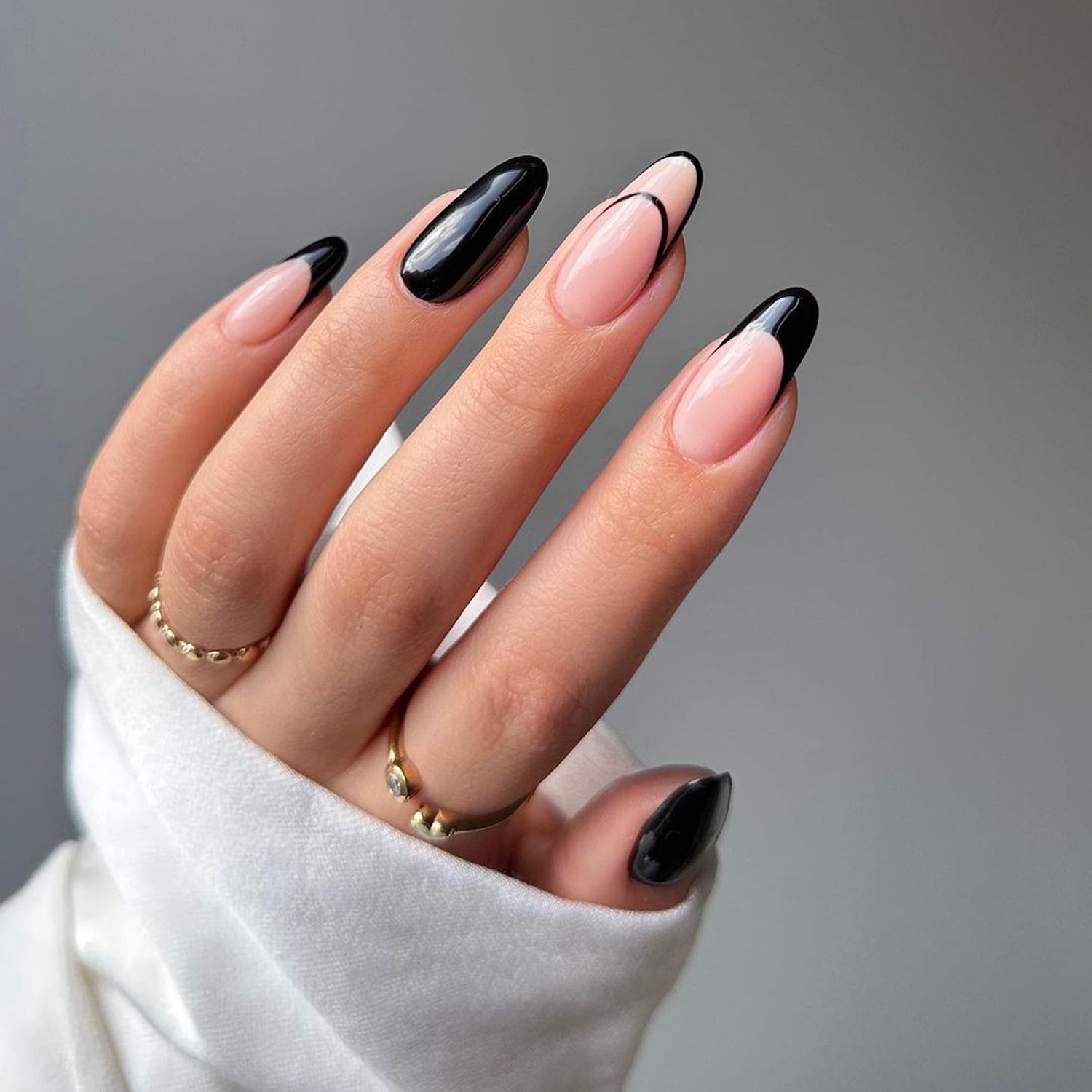 Glossy Black French Tips on Natural Pink Glossy Black French Tips on Natural Pink — Winter Black Nails