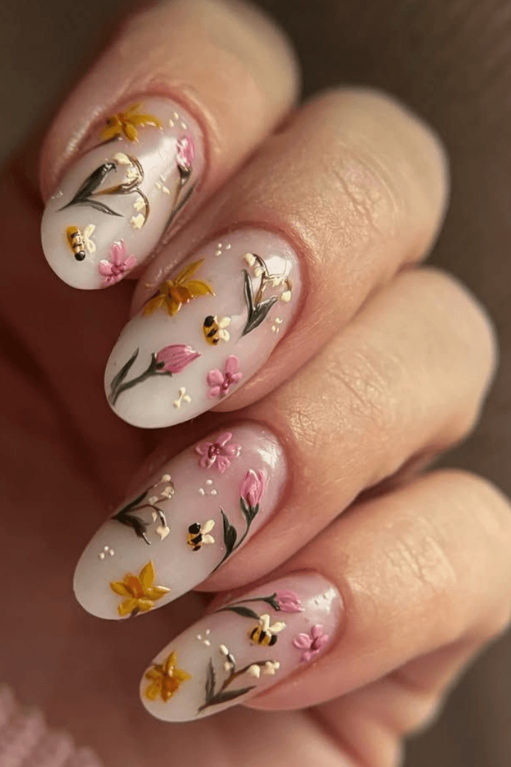 Hand-Painted Spring Motifs Oval Hand-Painted Spring Motifs Oval — Winter to Spring Transition Nails