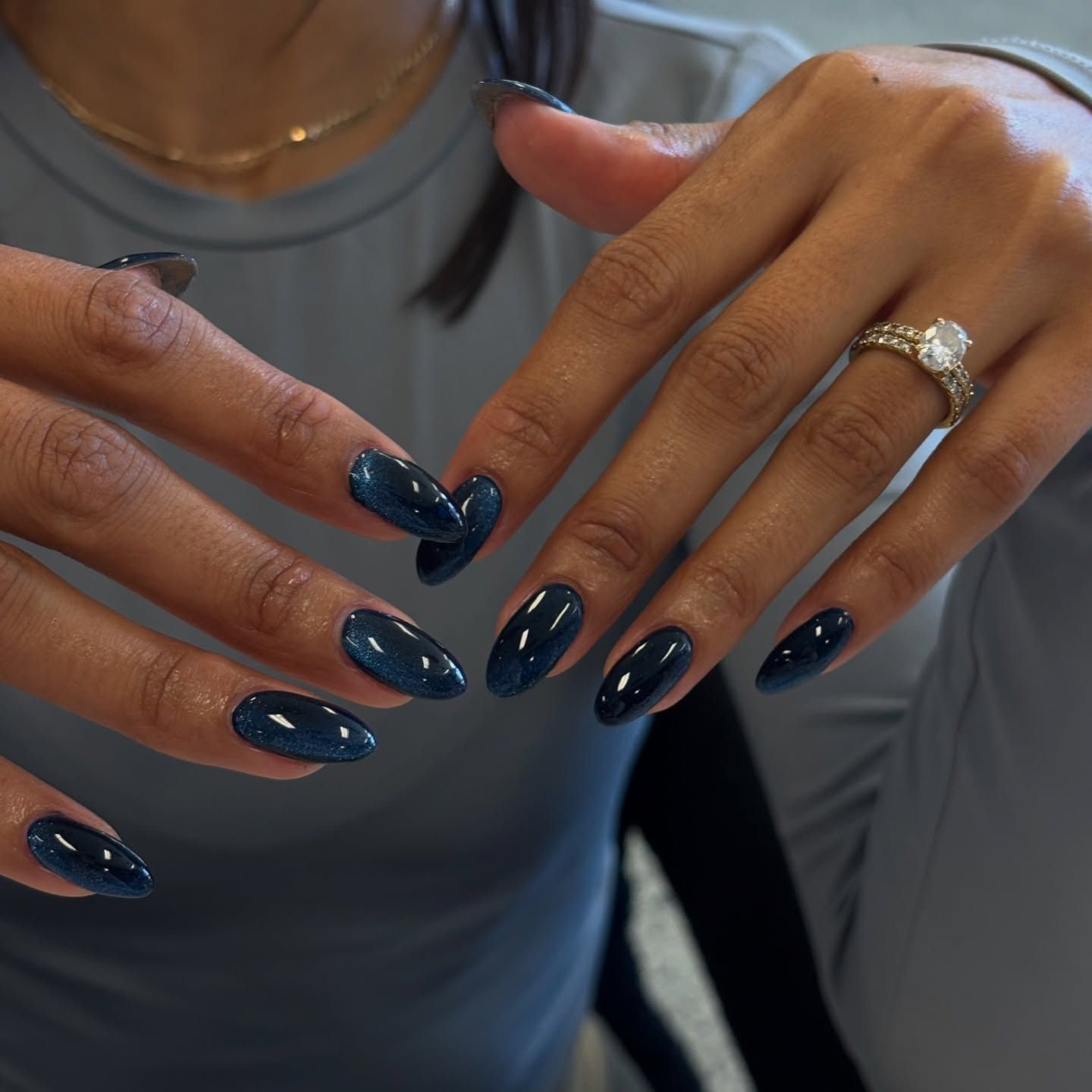 Long Almond Glossy Navy — Navy Blue Nails