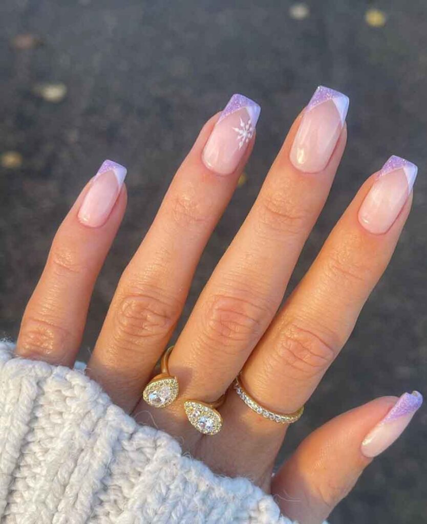 Medium Square Purple Glitter French Tips with Snowflake Medium Square Purple Glitter French Tips with Snowflake — Winter Purple Nails