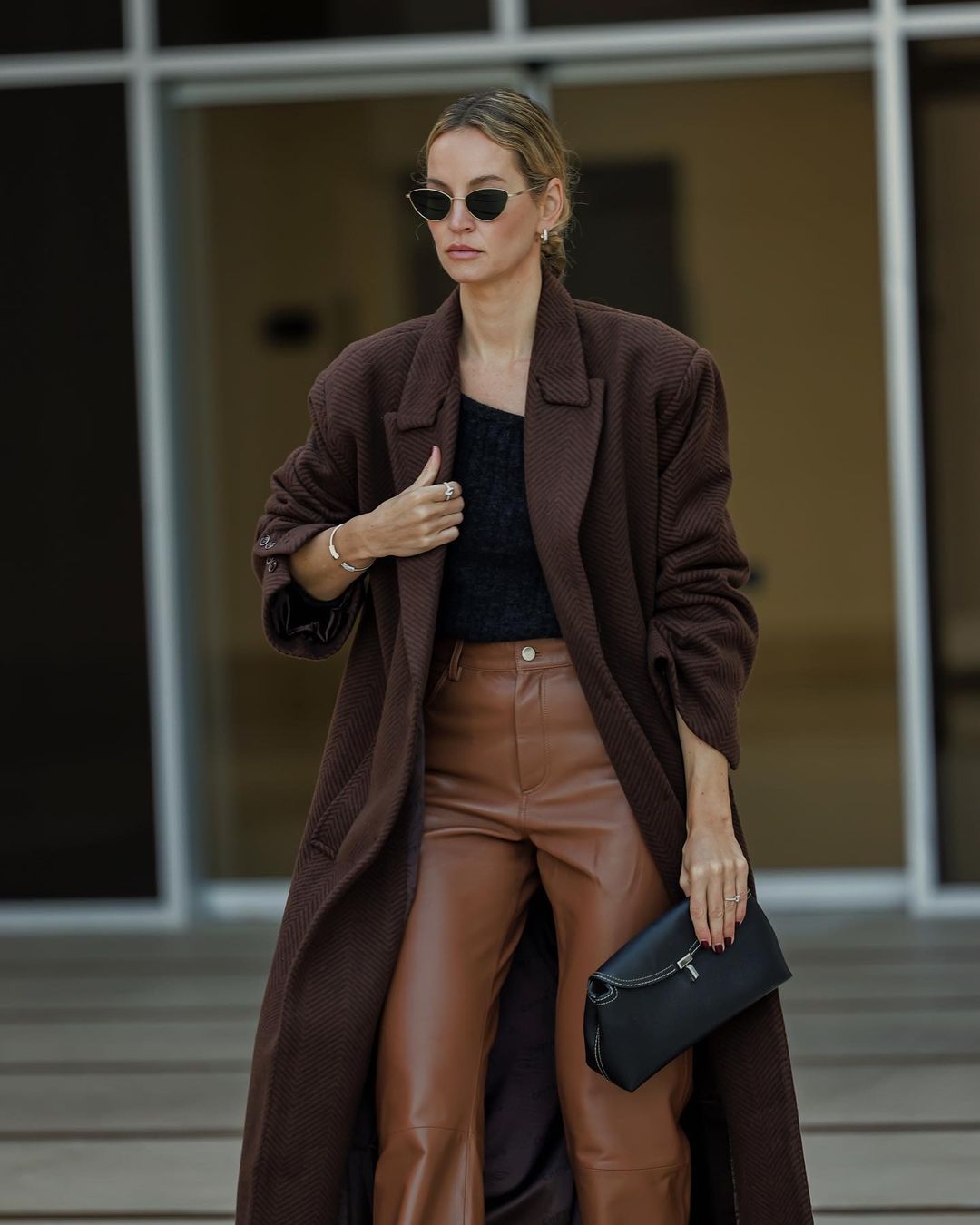 Oversized Brown Herringbone Coat with Leather Trousers — Brown Coat Outfits