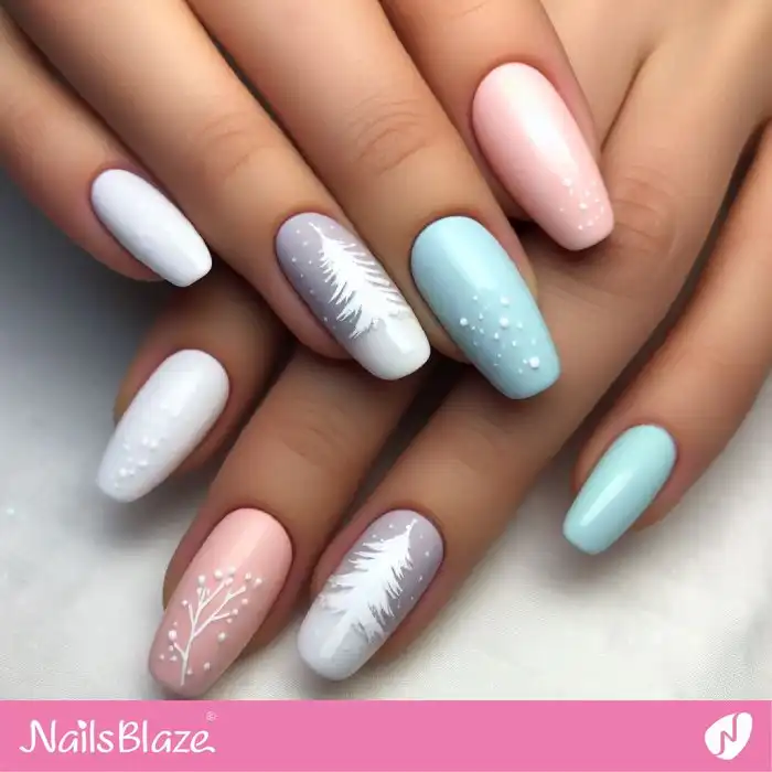 Glossy Pastel Coffin Nails with Trees Glossy Pastel Coffin Nails with Trees — Pastel Winter Nails