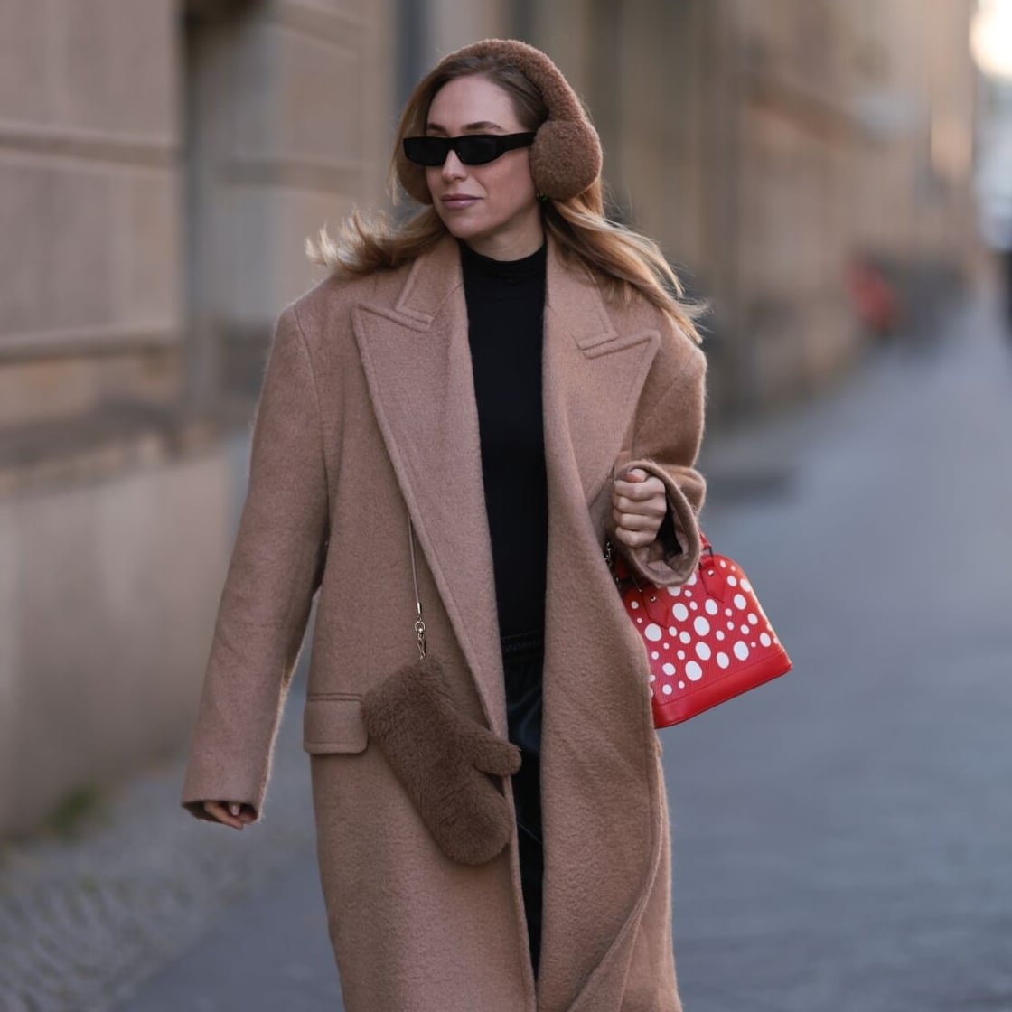 Camel Coat Ensemble with Brown Earmuffs and Red Bag — Earmuffs Outfits