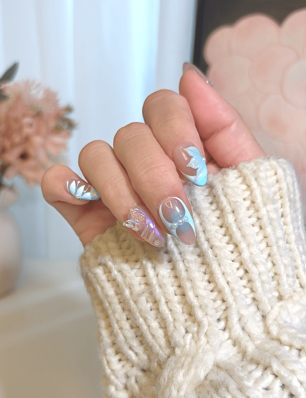 Light Blue Shimmer Almonds with 3D Embellishments — Icy Blue Nails