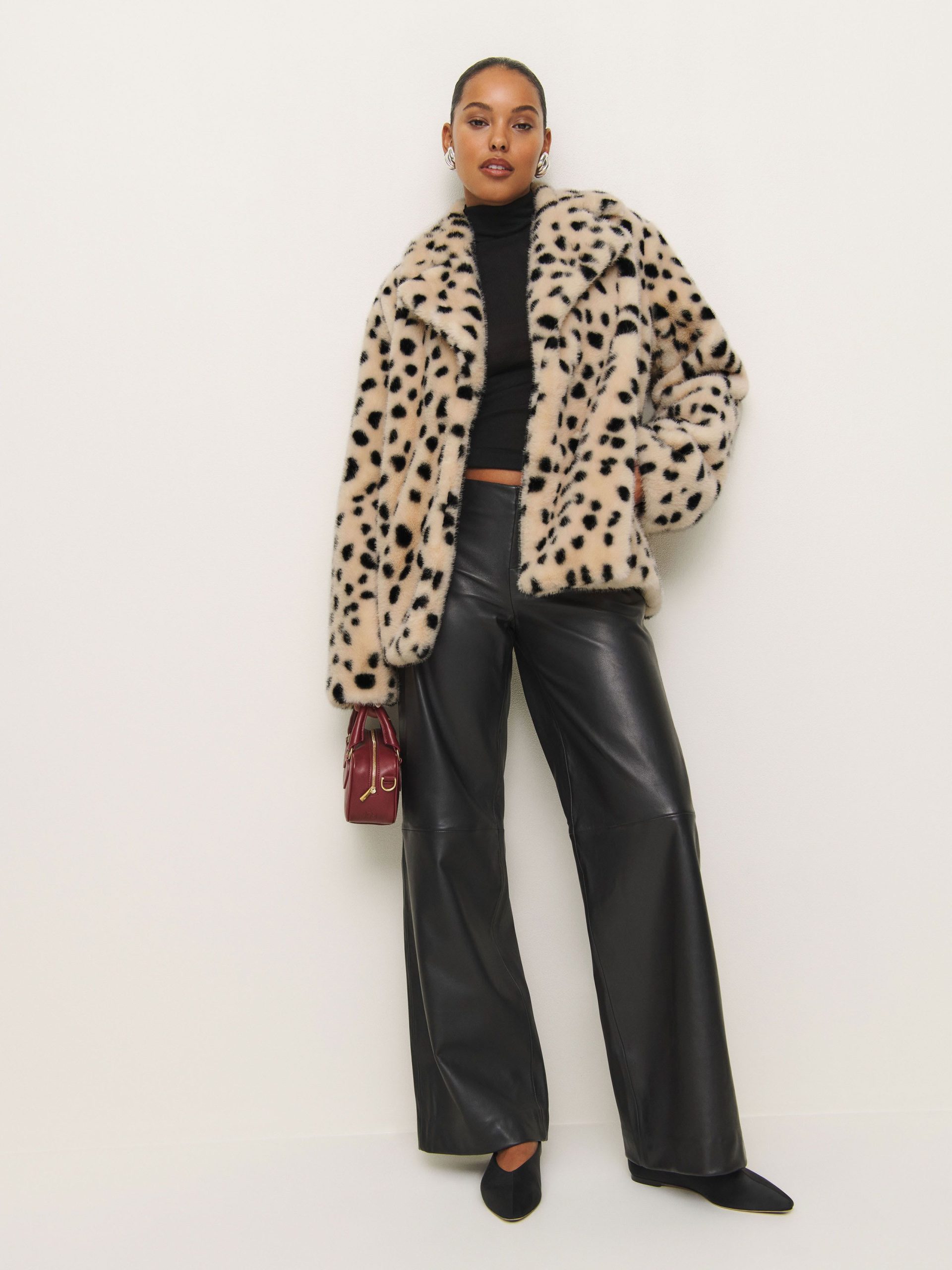 Leopard Print Faux Fur Jacket with Leather Pants — Faux Fur Coat Outfits