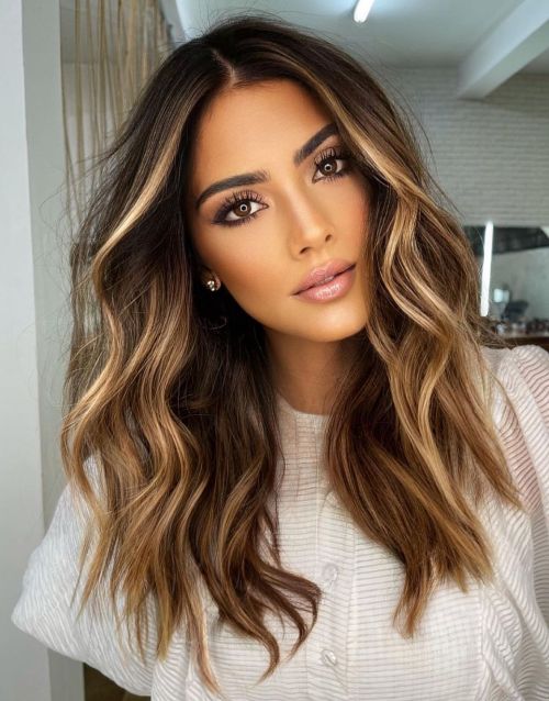 Mid-Back Dark Brown With Blonde Caramel — Winter Hair Colors for Women Over 40