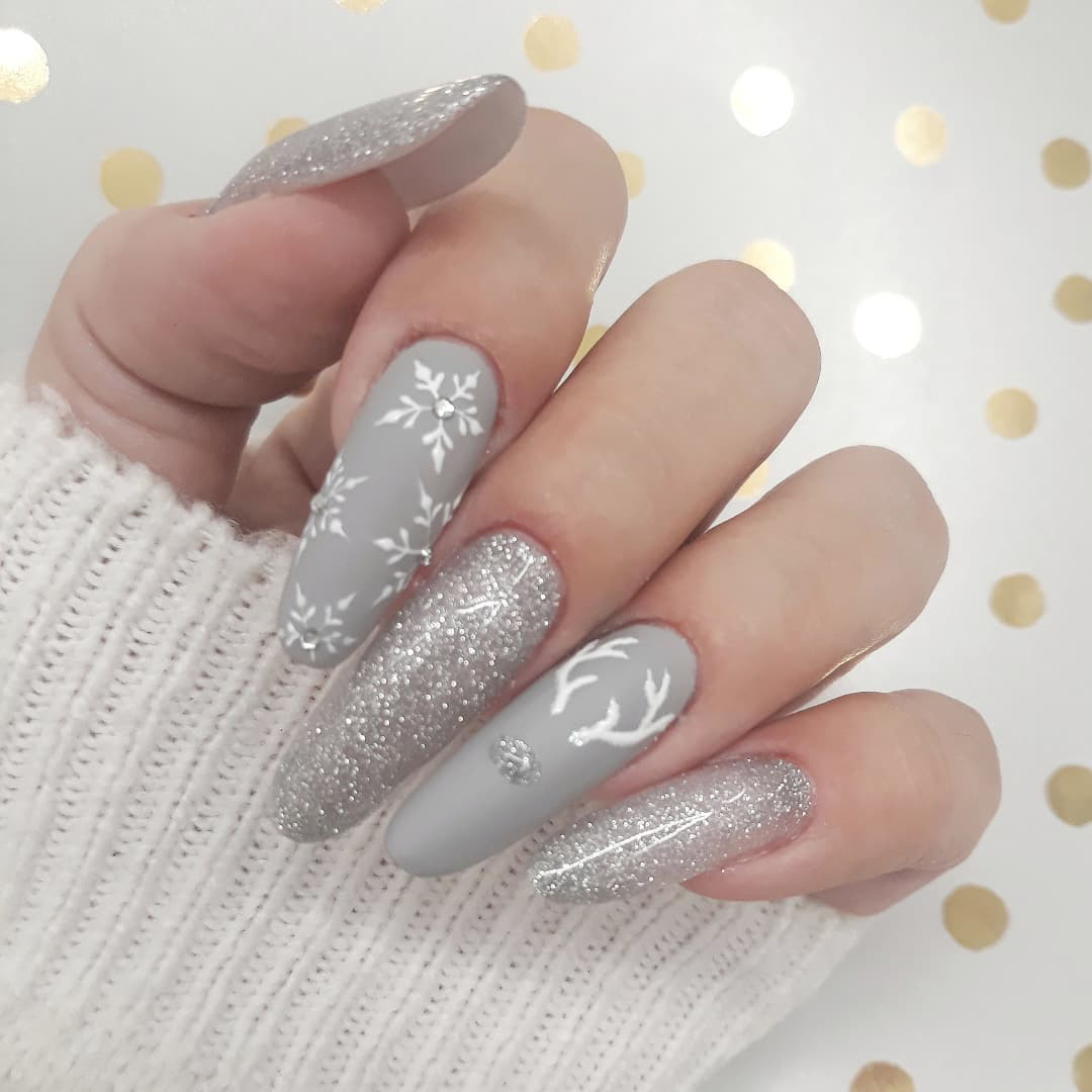 Matte Grey Antler Snowflake Nails — Winter Wonderland Nails