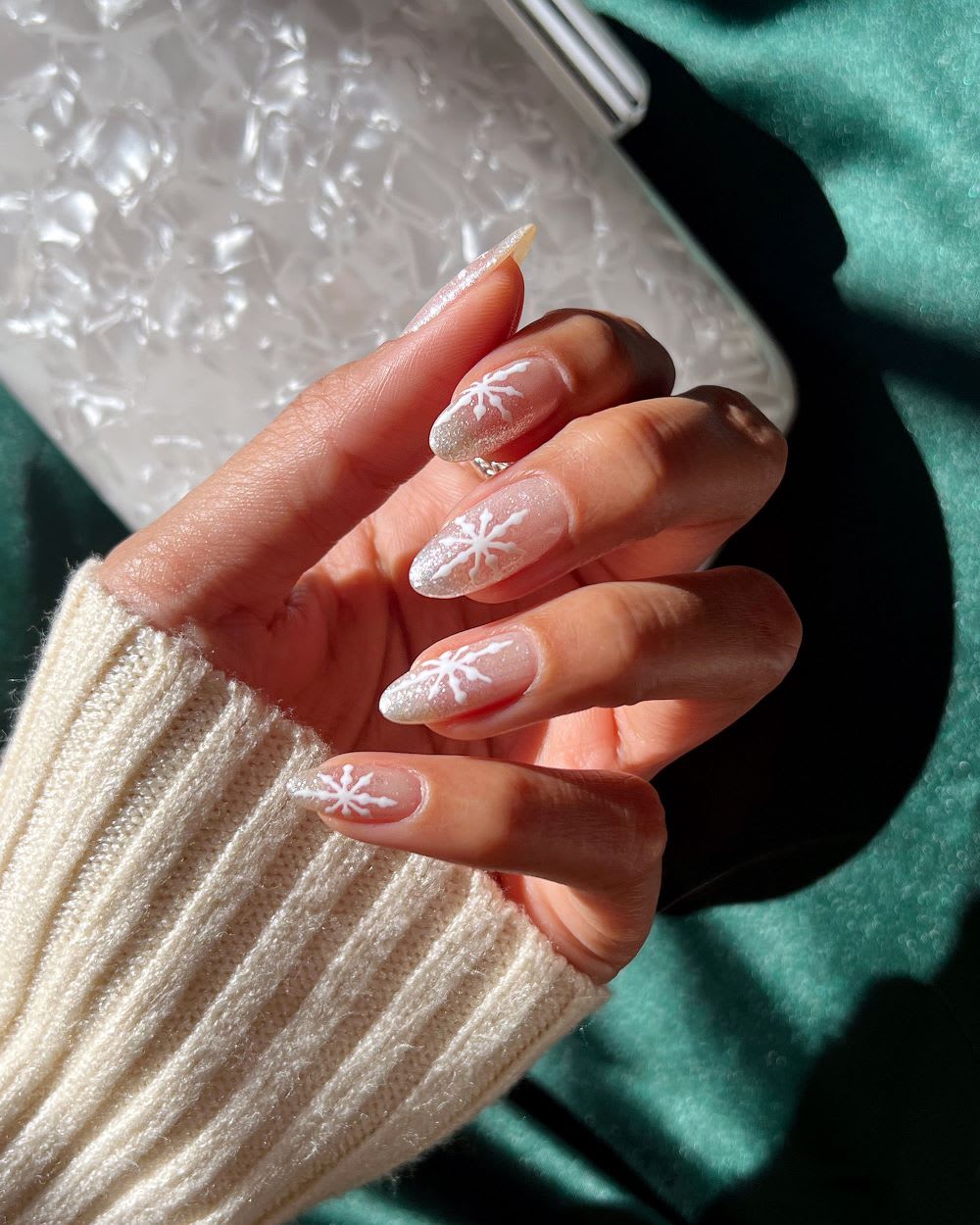 Sheer Stiletto Nails with Snowflake Art and Glitter Tips — Winter White Nails