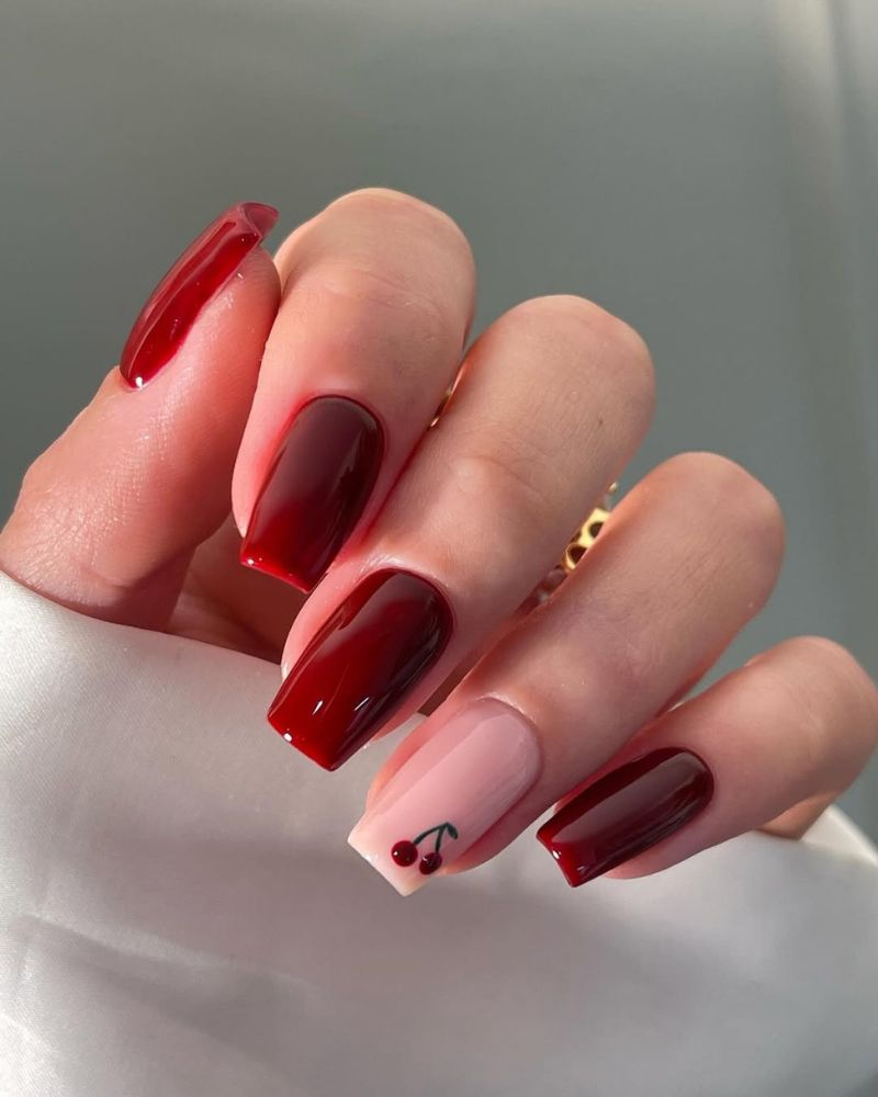 Deep Red Square Nails with Cherry Accent Deep Red Square Nails with Cherry Accent — Cherry Red Nails