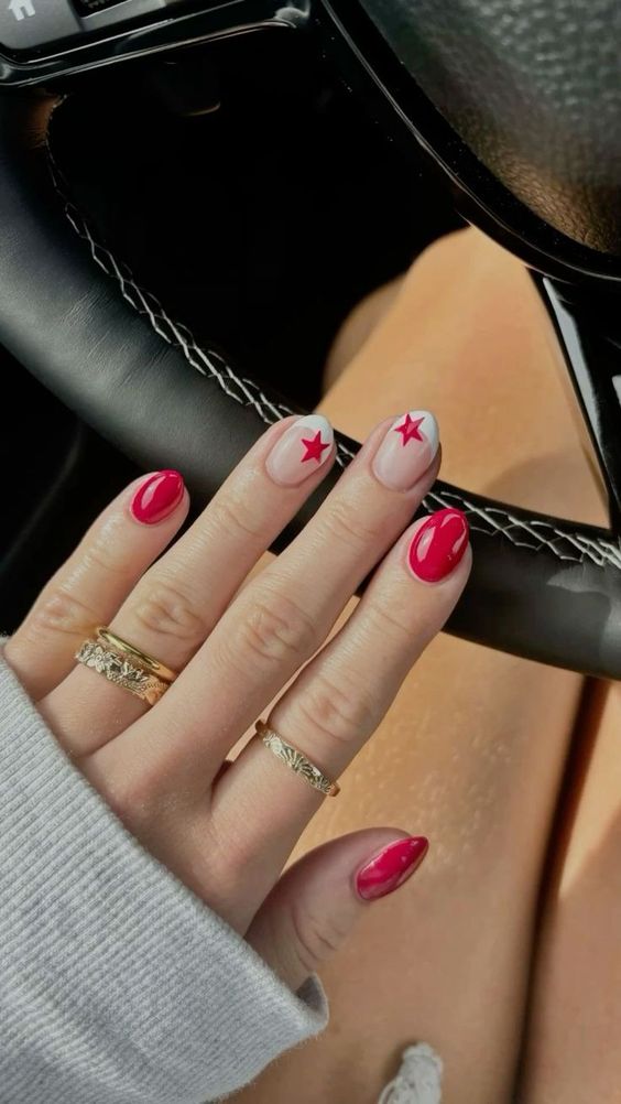 Vibrant Red French with Star Accents — Cute Winter Nails