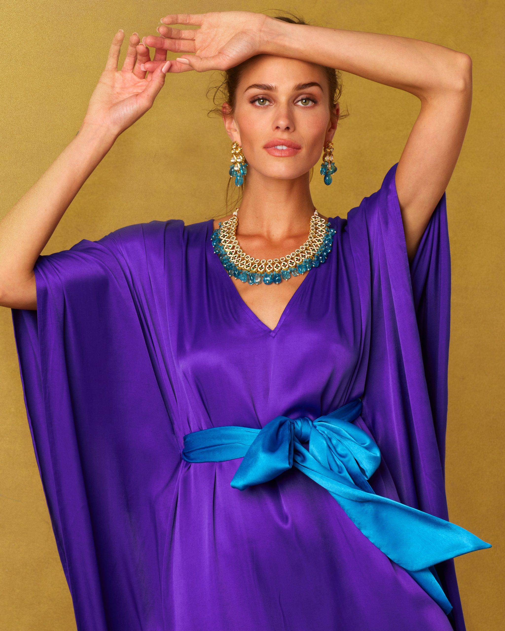 NicoBlu Alessandra Belted Silk Kaftan in Royal Purple M