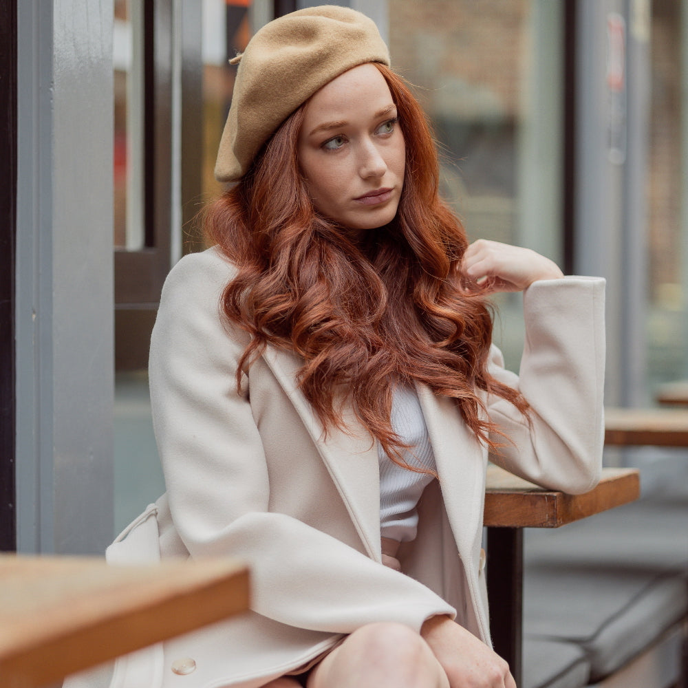 Red Curls Under a Tan Beret Red Curls Under a Tan Beret — Winter Hat Hairstyles