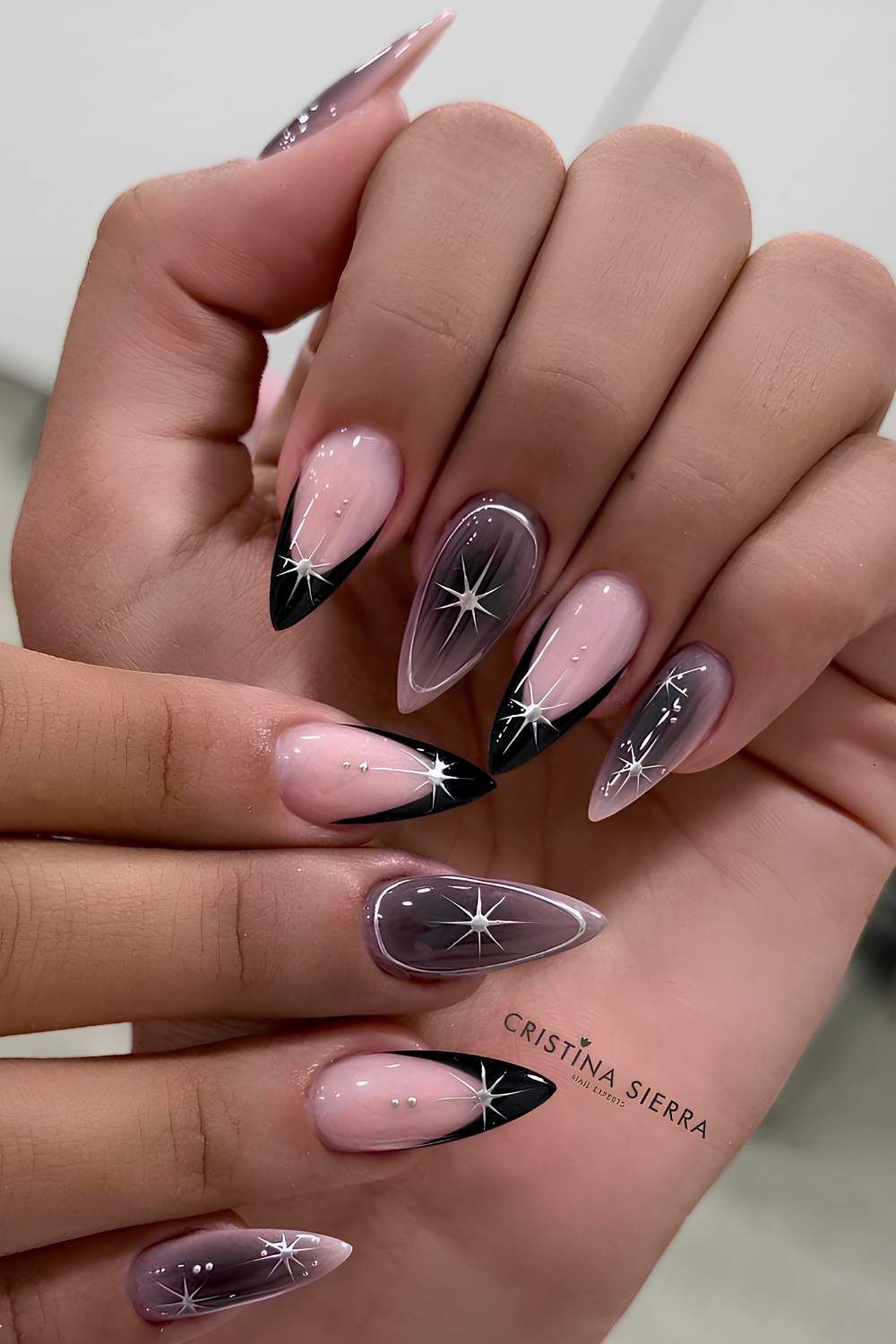 Pink Grey Gradient with Silver Beads — Winter Nail Art