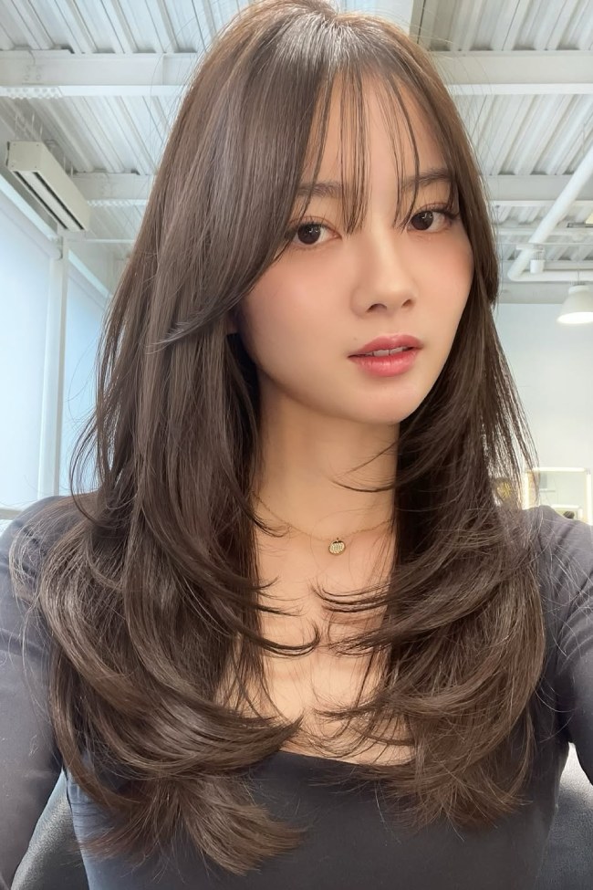 Cool Ash Brown With Curtain Bangs — Ash Brown Hair