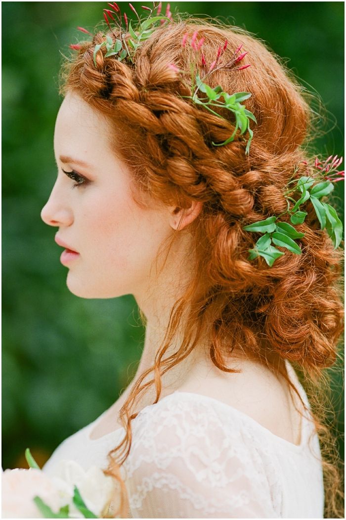 Vibrant Red Braided Updo With Flowers — Winter Formal Hairstyles