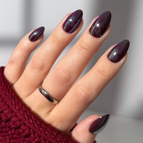 Modern Burgundy Iridescent Chrome Almond Nails — Burgundy Nails