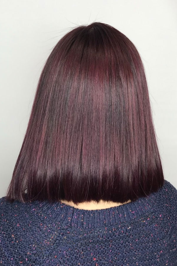 Sleek Bob with Violet Undertones Sleek Bob with Violet Undertones — Burgundy Hair Color