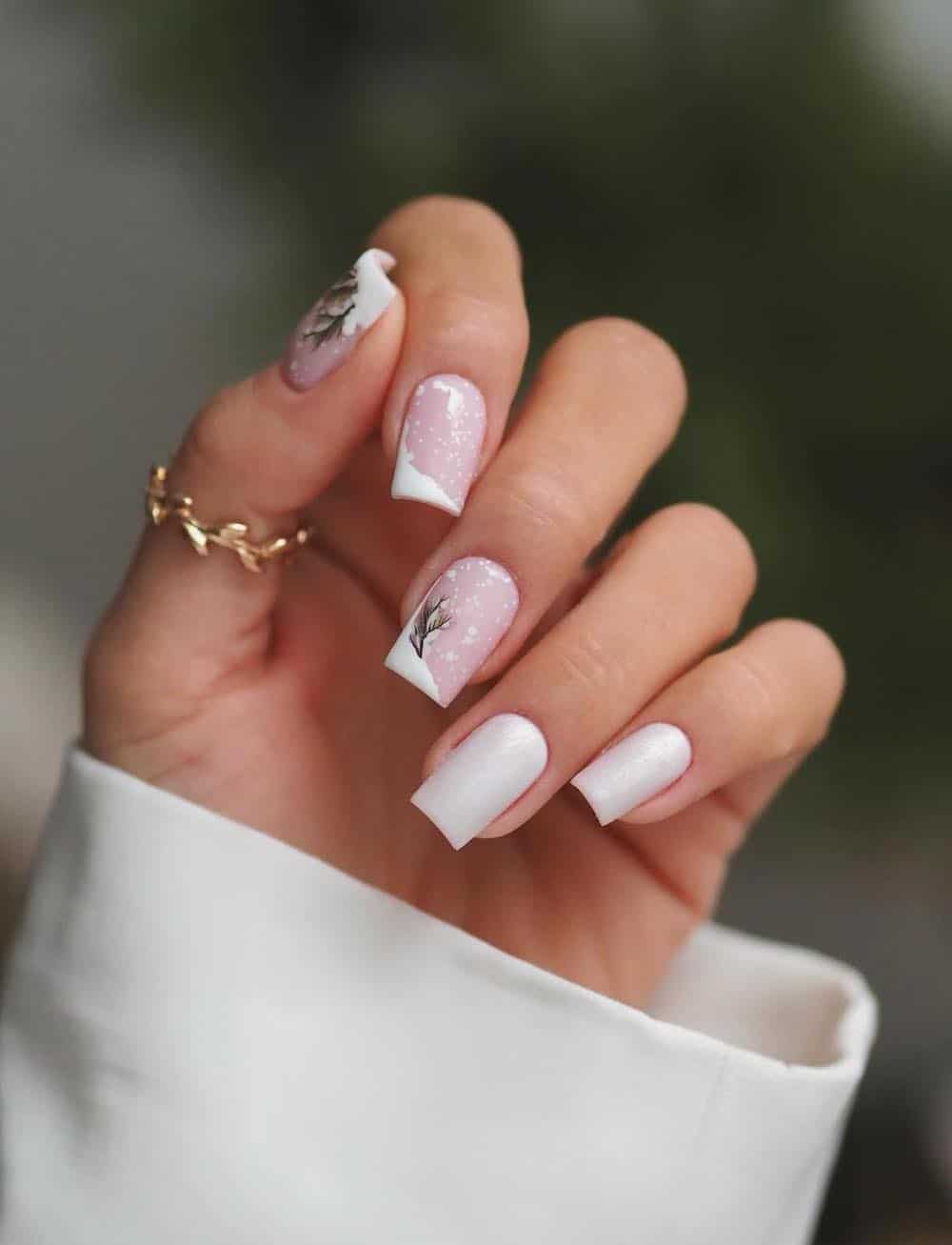 Matte White French Speckle Winter Nails — Winter Formal Nails