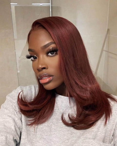 Sleek Medium Auburn Lob — Winter Auburn Hair Color