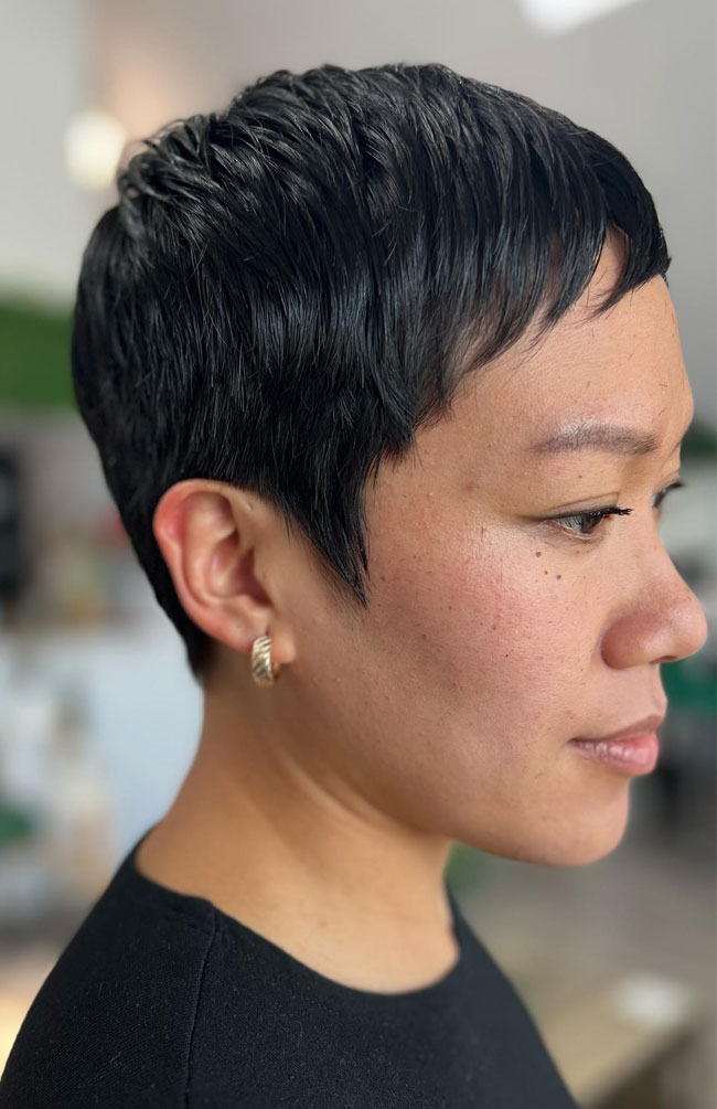 Jet Black Pixie Cut with Micro Fringe for a Bold Minimalist Look