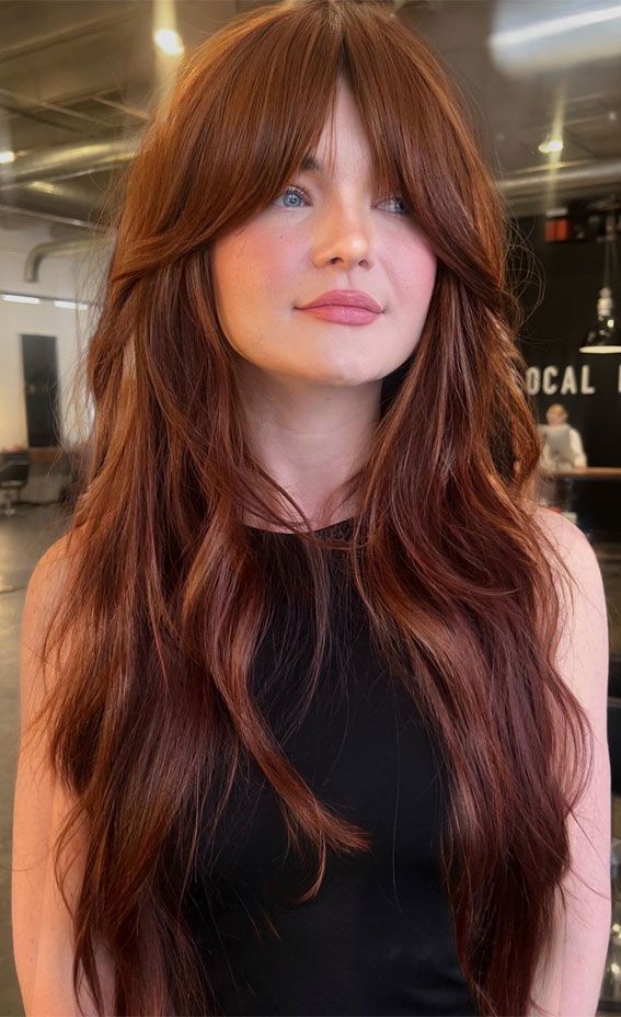 Long Auburn Layers With Curtain Bangs — Winter Haircuts with Bangs