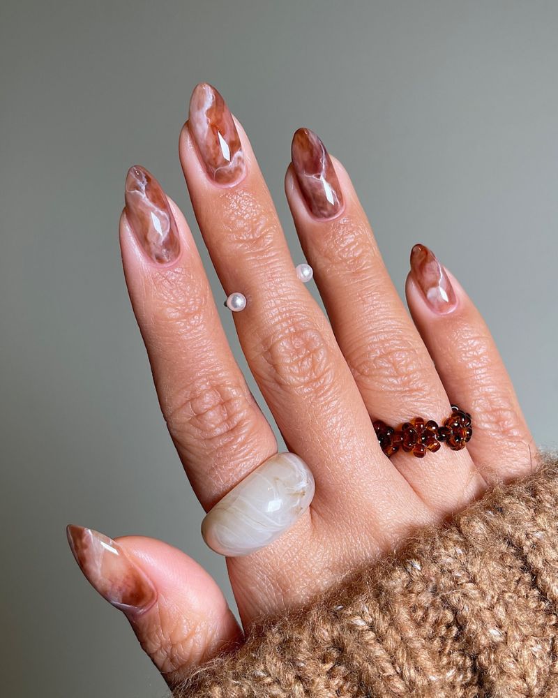 Brown Translucent Beige Stiletto Marble — Winter Marble Nails