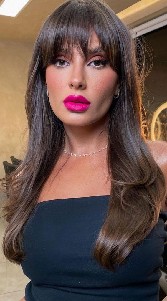 Glossy Dark Chocolate With Full Fringe Glossy Dark Chocolate With Full Fringe — Dark Chocolate Brown Hair