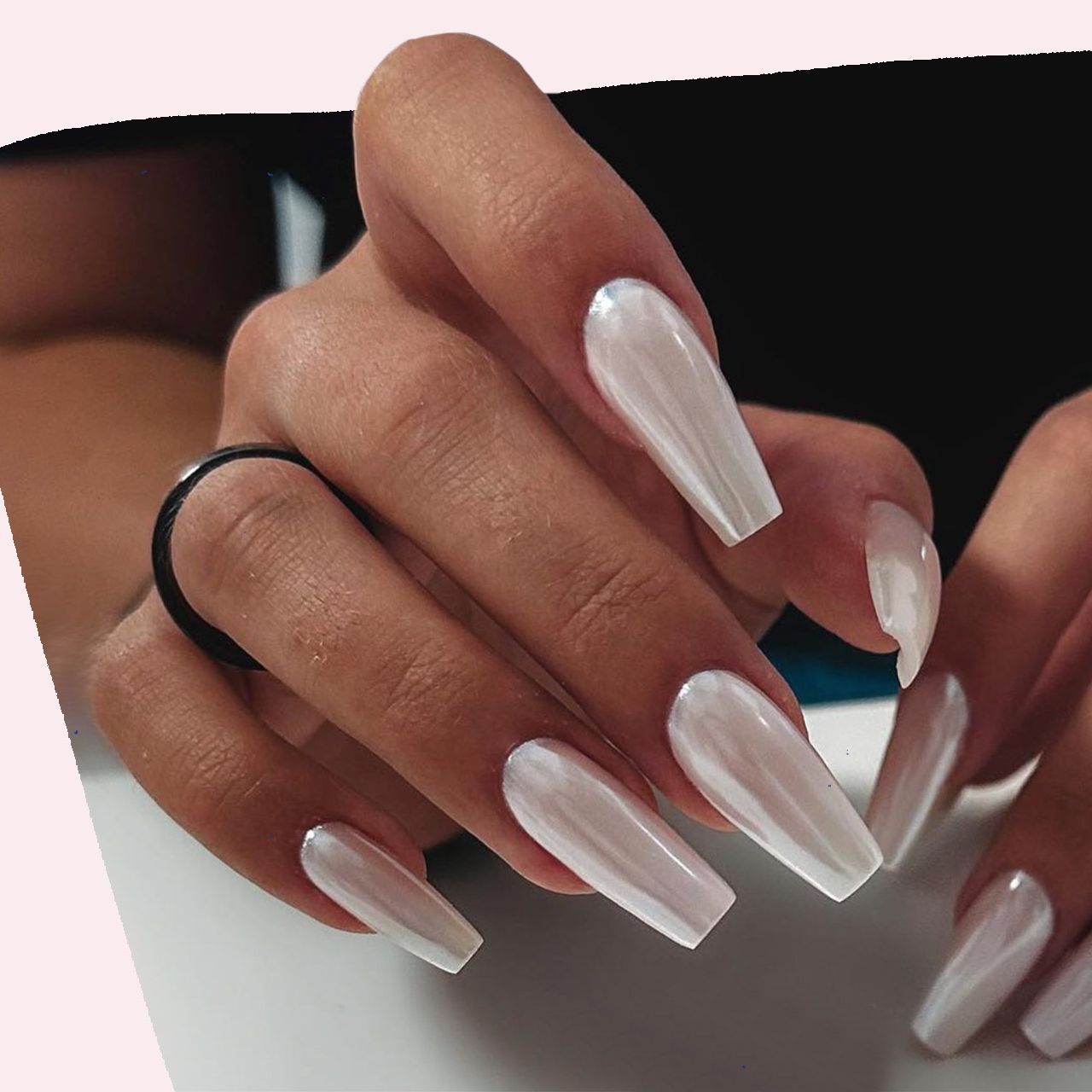 Pearlescent White Chrome Winter Coffin Nails Pearlescent White Chrome Winter Coffin Nails