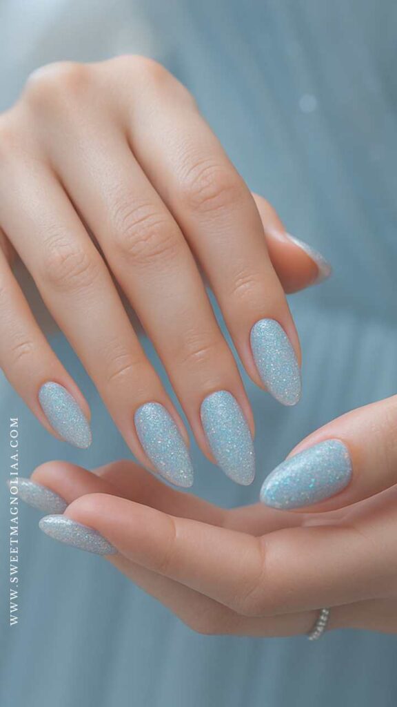 Densely Glittered Pale Blue Almond Nails Densely Glittered Pale Blue Almond Nails — Pastel Winter Nails