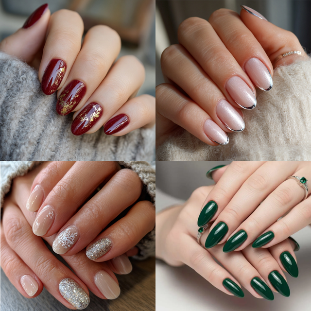 Deep Red with Gold Foil — Winter Round Nails