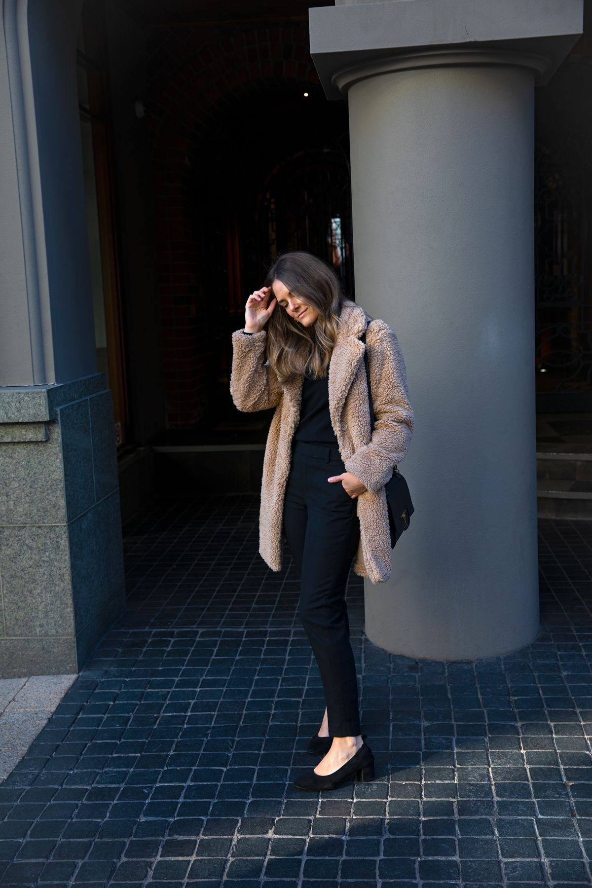 Beige Teddy Coat with Black Jumpsuit for Smart Casual — Teddy Coat Outfits