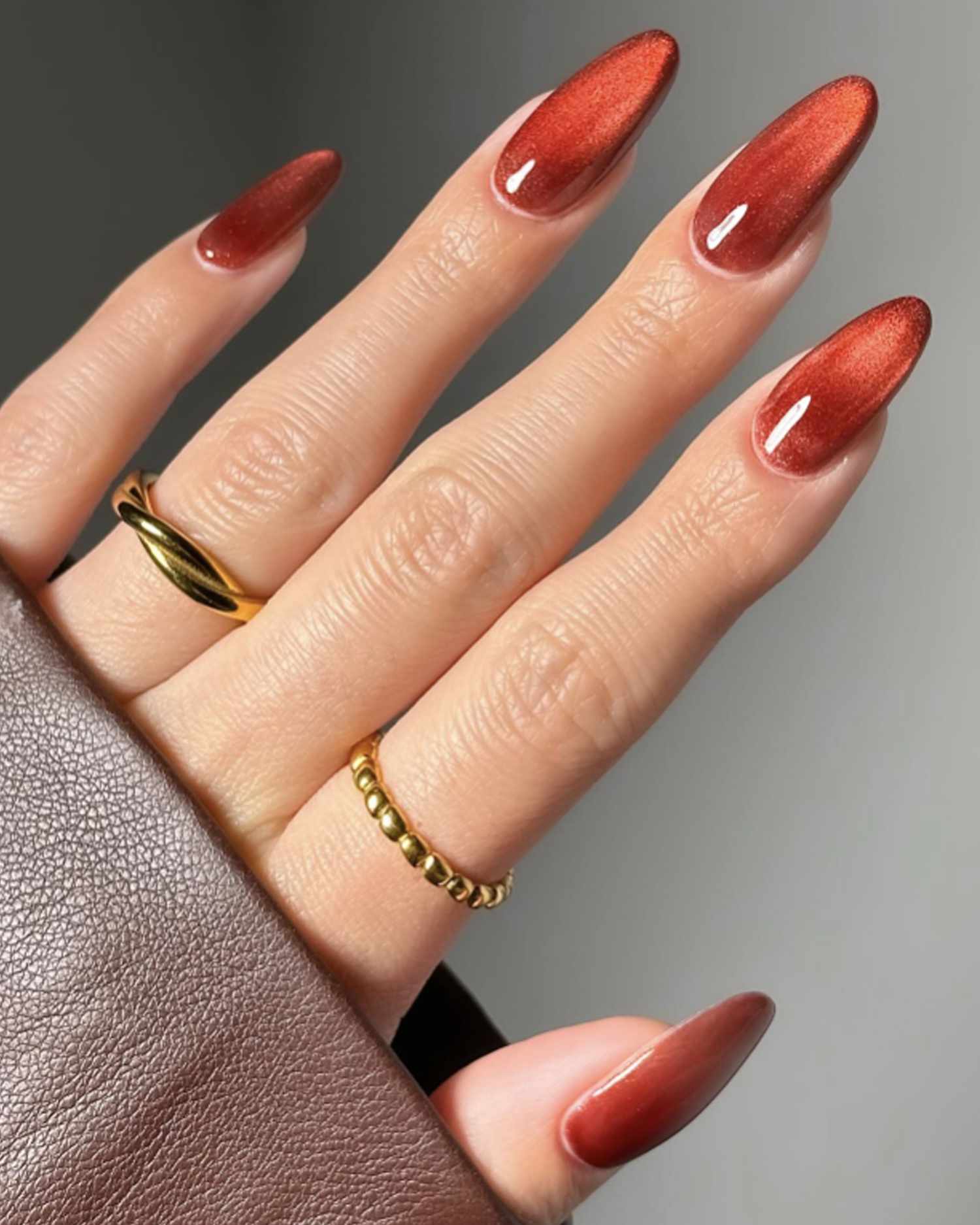 Bold Metallic Rust Orange Stilettos — Winter Cat Eye Nails
