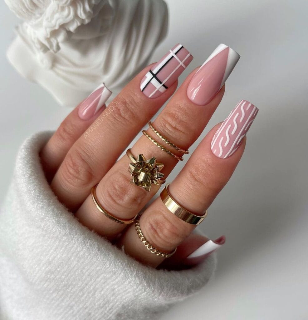 Long Square Plaid Cable Knit French Tips Long Square Plaid Cable Knit French Tips — Winter Square Nails