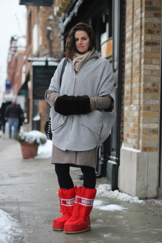 Bold Streetwear with Bright Red Moon Boots and Grey Poncho — Moon Boots Outfits