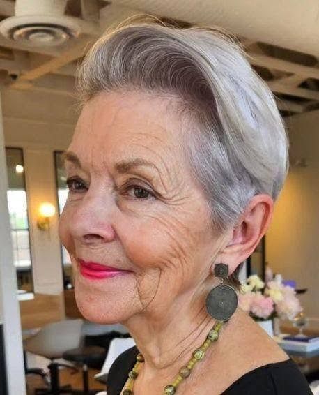 Slicked Back Silver Pixie — Winter Haircuts for Women Over 70