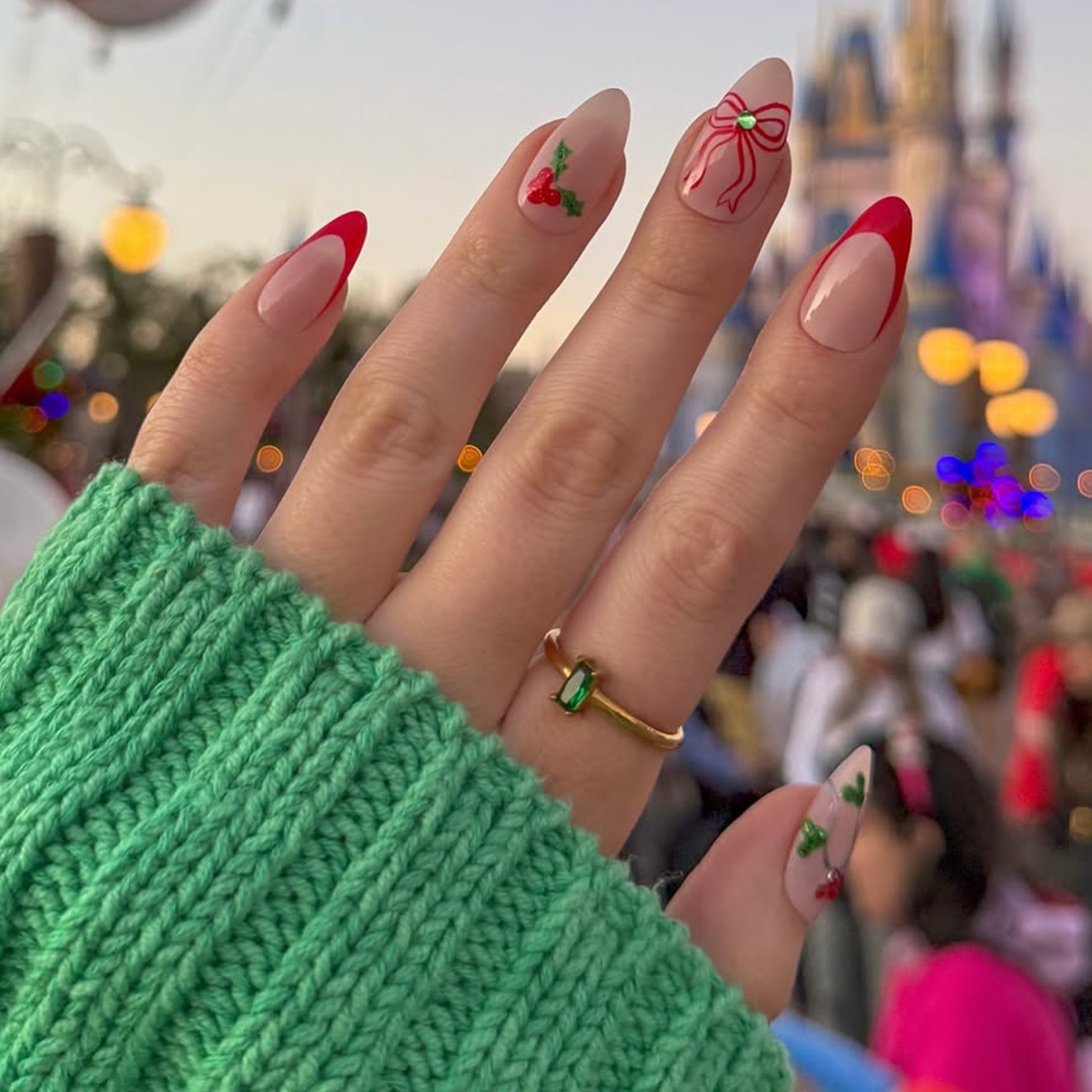 Festive Red Bow Cherry Almond Nails — Winter Almond Nails