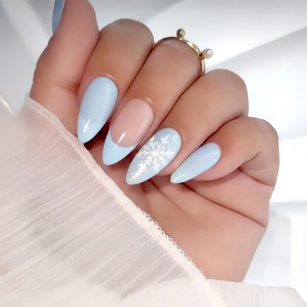 Medium Almond Light Blue Snowflake French Medium Almond Light Blue Snowflake French — Simple Winter Nails