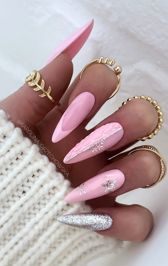 Soft Pink Cable Knit Snowflake Stilettos Soft Pink Cable Knit Snowflake Stilettos — Winter Stiletto Nails