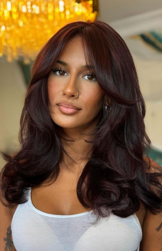 Plum Mid-Back Layers With Curtain Bangs — Winter Haircuts with Bangs