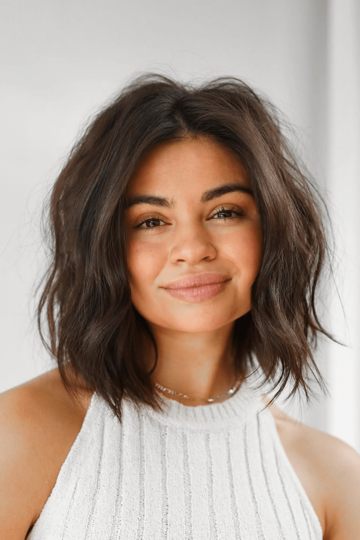 Dark Brown Wavy Bob With Textured Waves Dark Brown Wavy Bob With Textured Waves — Winter Haircuts for Wavy Hair
