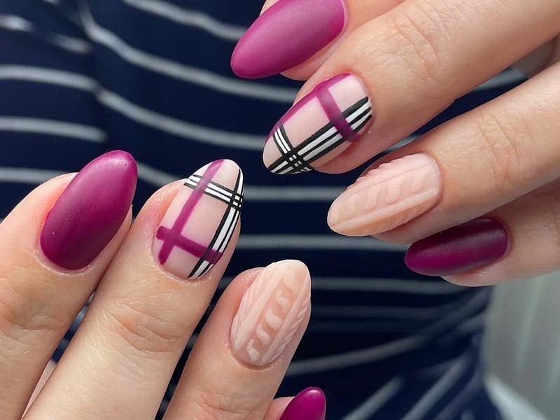 Matte Berry Plaid and Knit Mix — Winter Nail Art