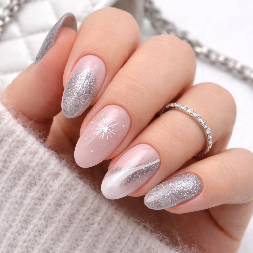 Pale Pink Gray Glitter Snowflake Nails Pale Pink Gray Glitter Snowflake Nails — Winter Gray Nails