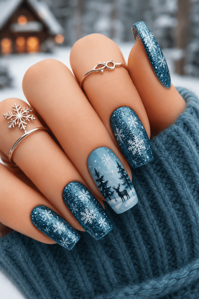 Glitter Blue Forest Scene Square Glitter Blue Forest Scene Square — Winter Blue Nails